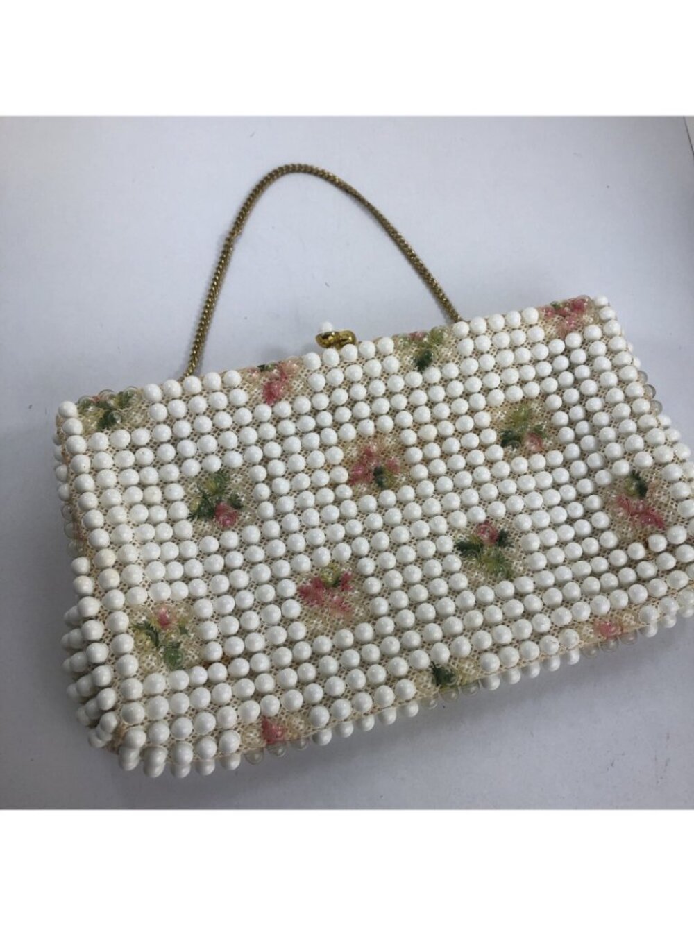 Vtg Embroidered Floral Beaded Clutch Purse Grandee’ Bead USA opt. Chain Handle - Picture 5 of 9